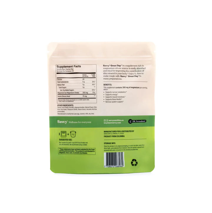 Savvy Citrato de Magnesio Great Day Limonada de Coco 30x6gr
