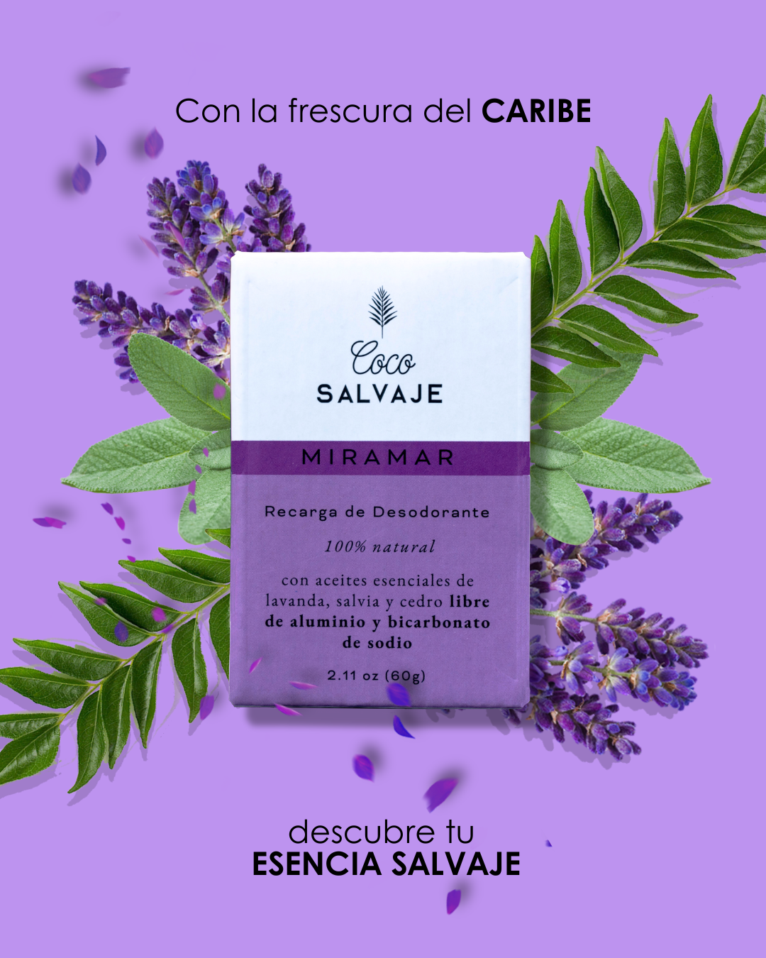 MIRAMAR recarga de desodorante natural en barra con notas florales de lavanda salvia y cedro. 60 gr