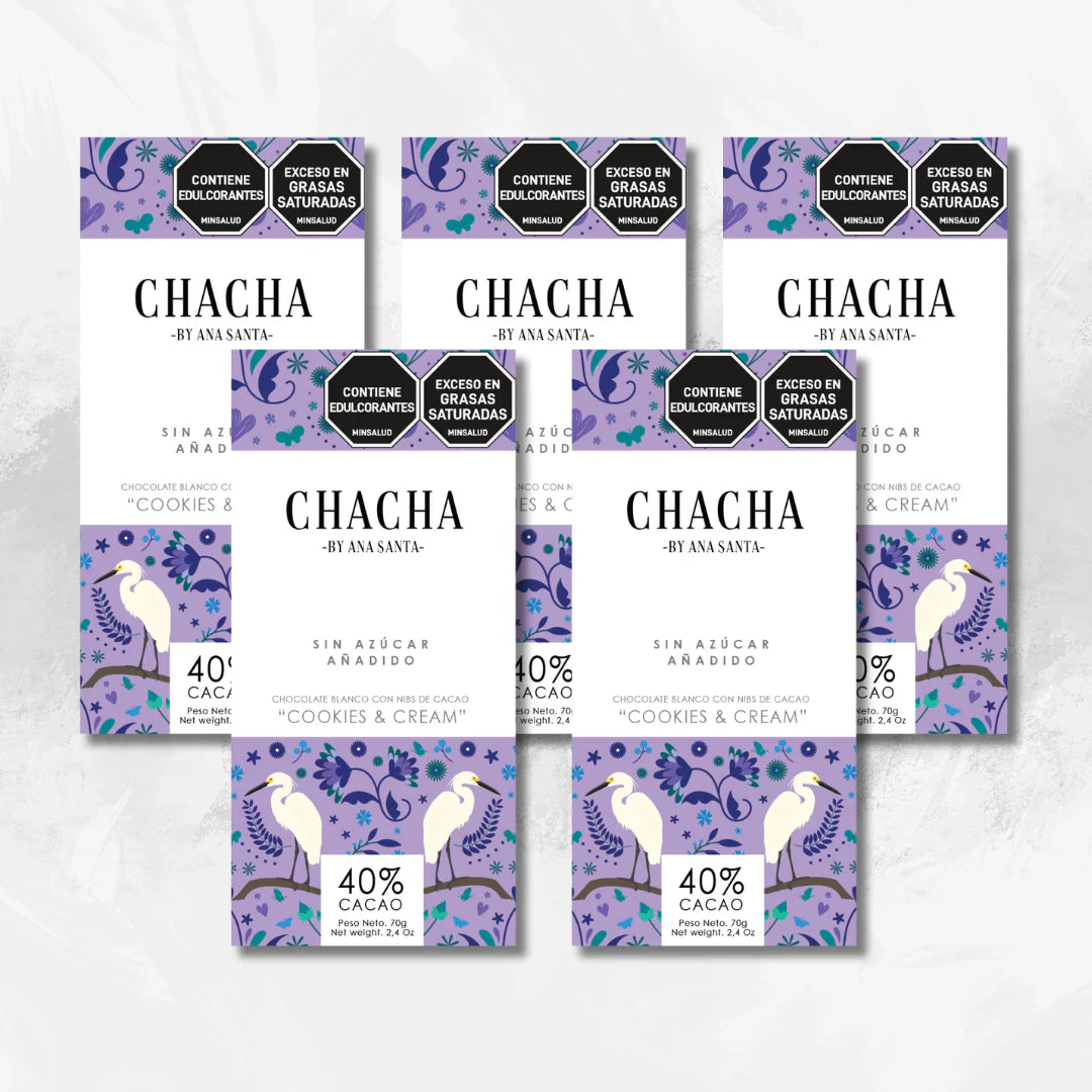 Chocolate Blanco Chacha "Cookies & Cream" con Nibs de Cacao (Pack x4)